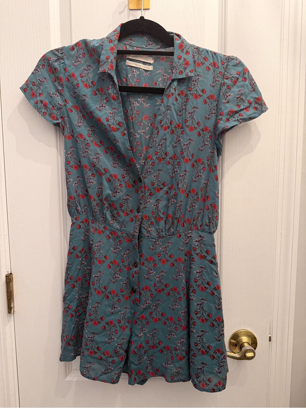 Urban Outfitters Teal Floral Short Sleeve Romper with Rose Print -missing button